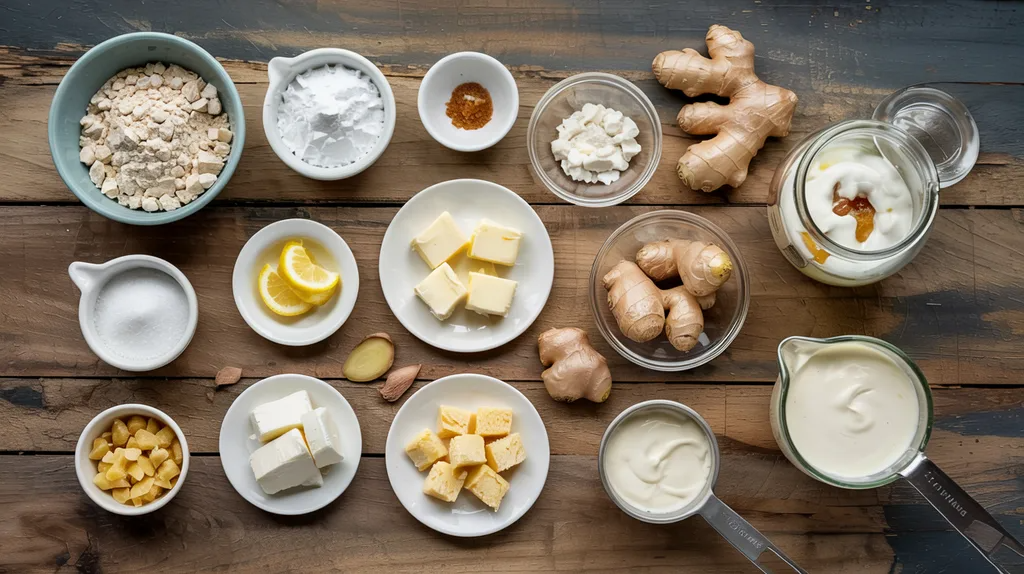 Ginger scone ingredients arranged in bowls including flour, butter, sourdough discard, cream, and ginger.