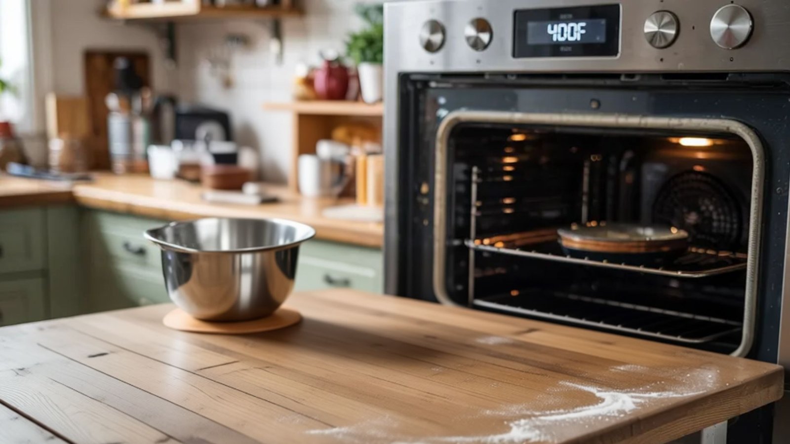 Oven preheating to 400°F with chilled ginger scone dough ready for baking nearby.