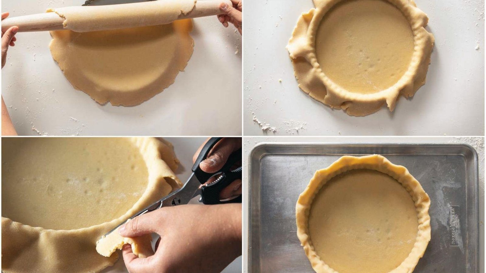 Rolling chilled pate sablee dough over tart pan with wooden pin for even thickness crust
