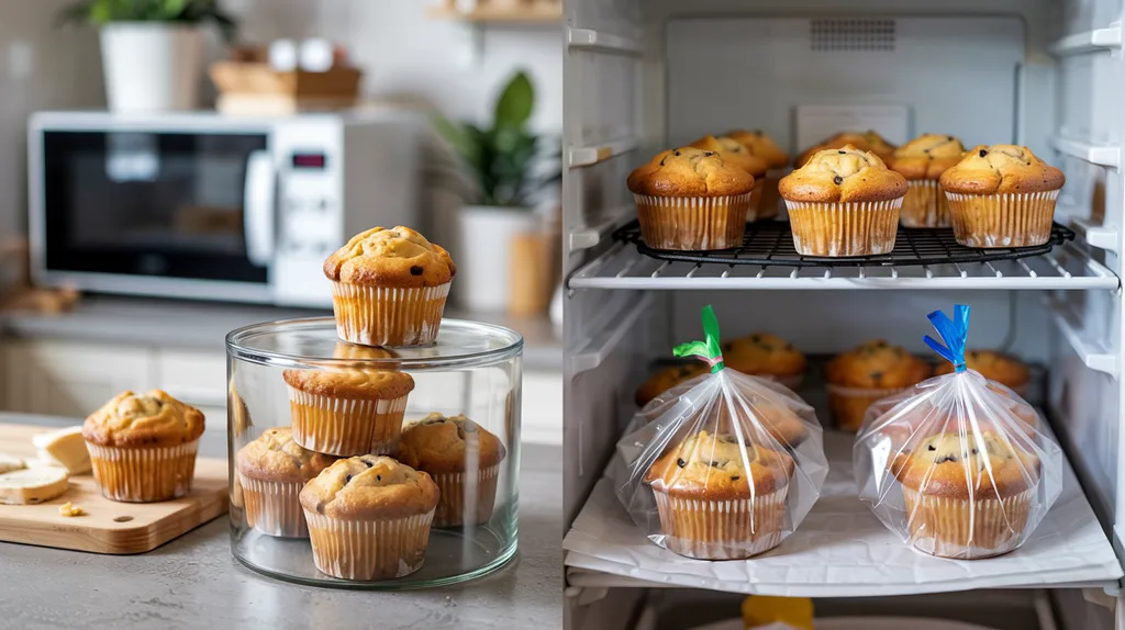 Banana muffins stored in container, fridge, and freezer showing freshness and storage methods.
