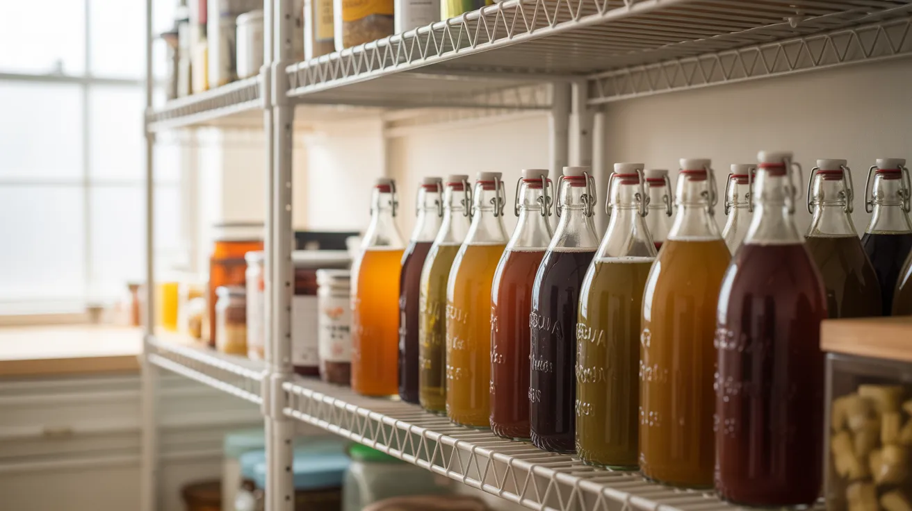 sealed kombucha bottles stored in a cupboard at room temperature for fermentation.