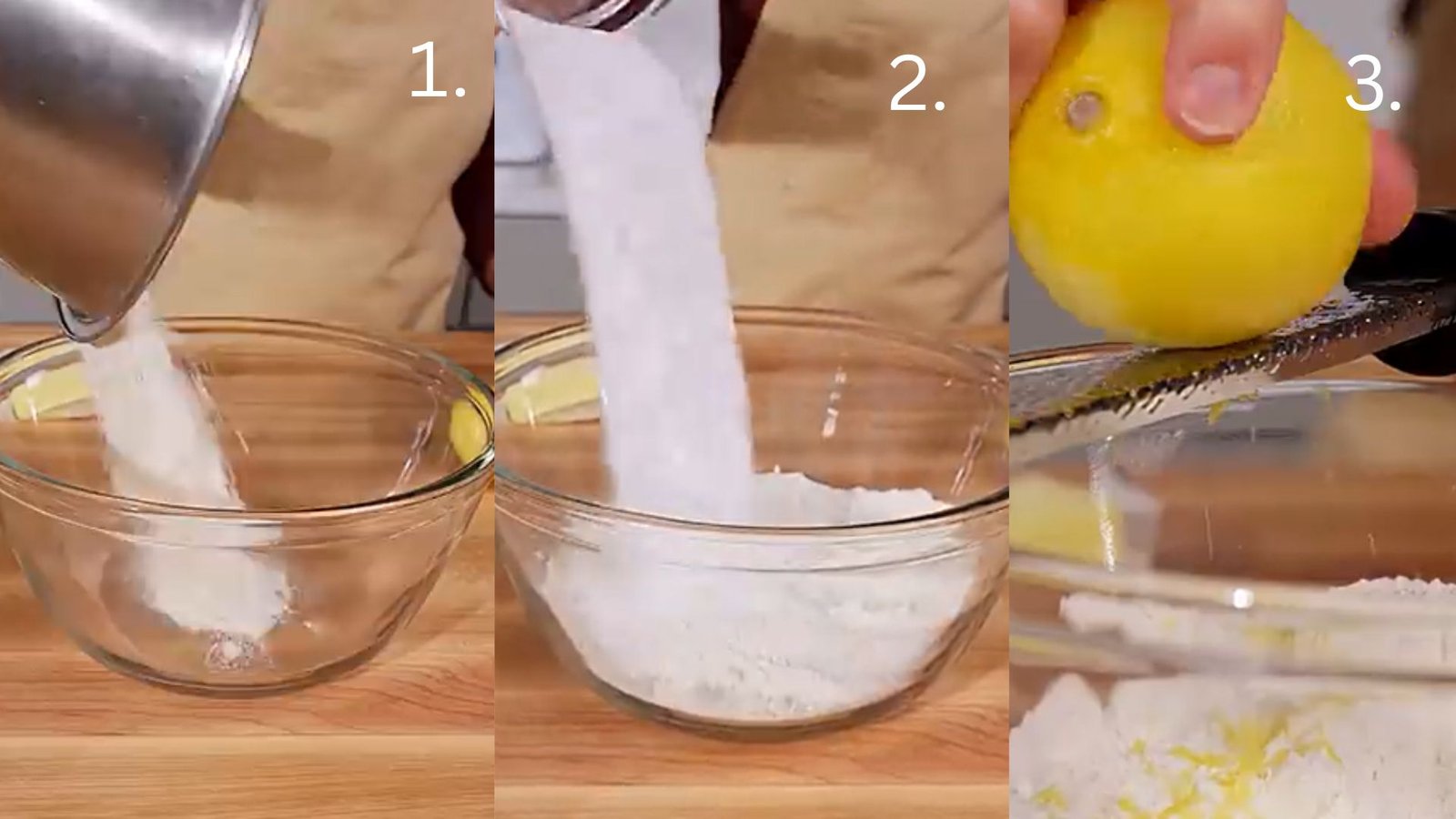 Mixing flour, sugar, baking powder, salt, and fresh lemon zest in a bowl for homemade ginger scones.