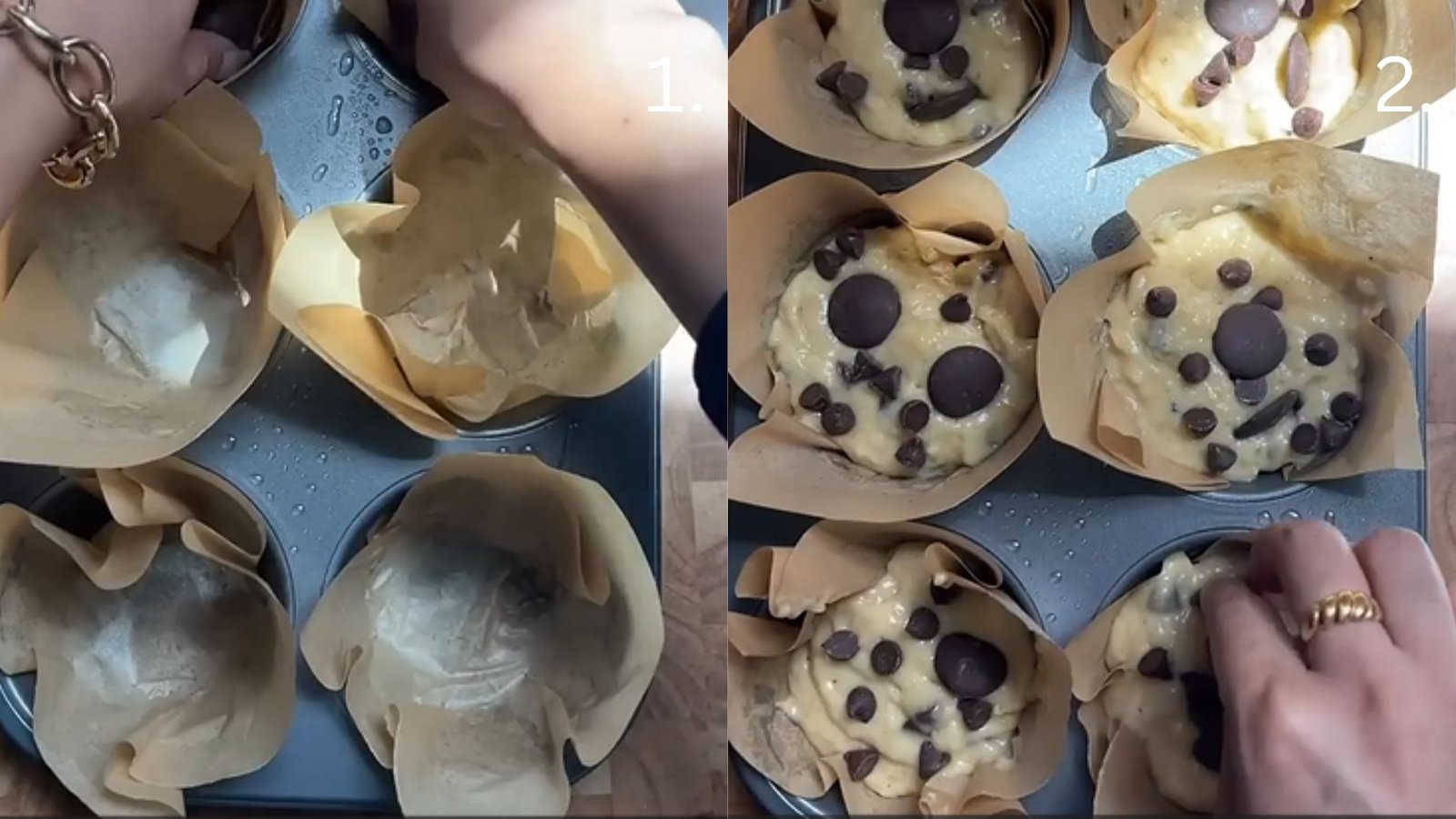 Jumbo muffin tin lined with cupcake liners filled three-quarters with banana muffin batter for even rising.