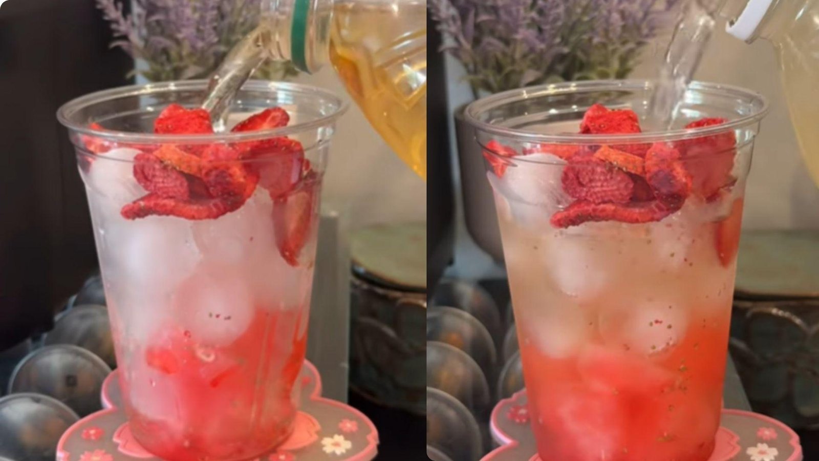 A split image showing two steps of pouring liquid into a strawberry iced drink cup topped with dried strawberries