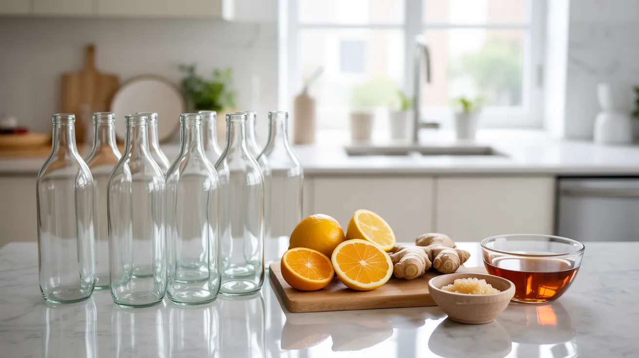 clean glass bottles with fruit and sugar ingredients prepared on a kitchen counter for kombucha bottling.