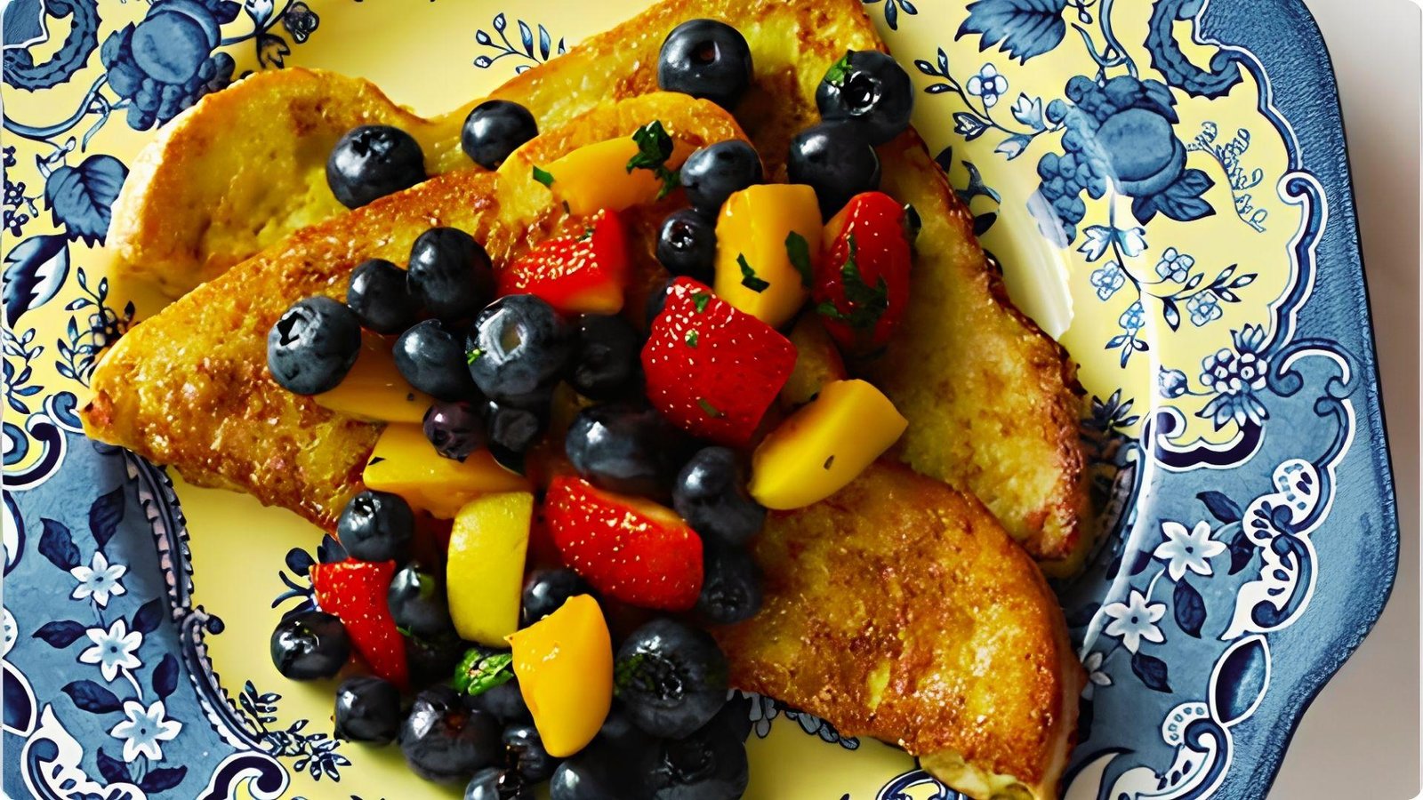 Crispy wheat bread French toast on a decorative blue and yellow plate, topped with blueberries, strawberries, and mango chunks.