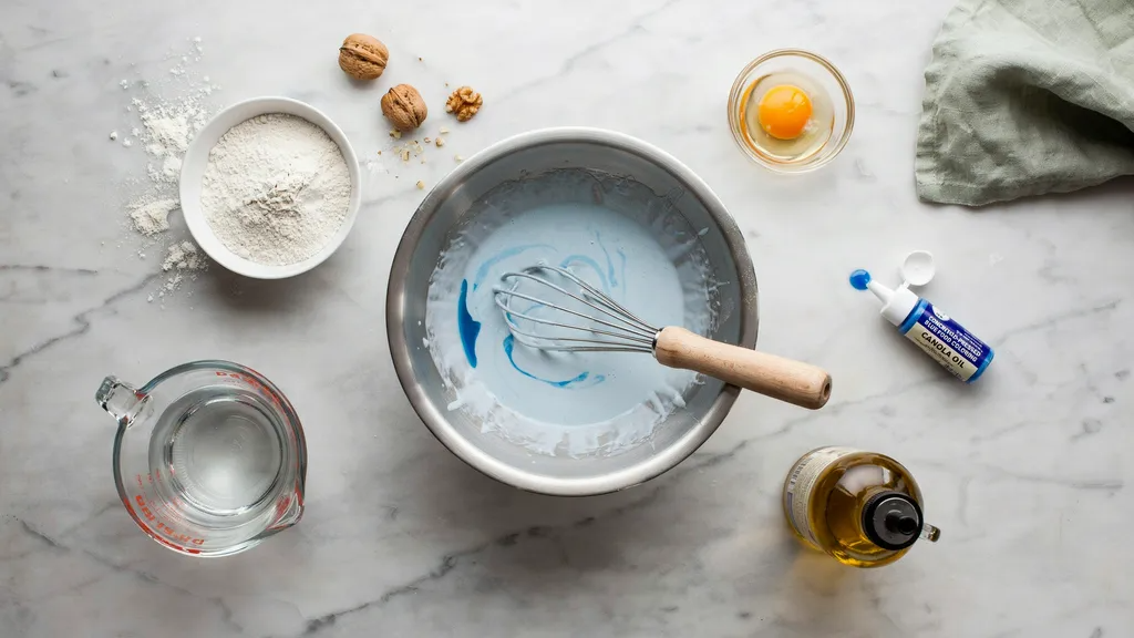 Ingredients for blue waffles laid out with a bowl of blue batter in a clean kitchen setup.