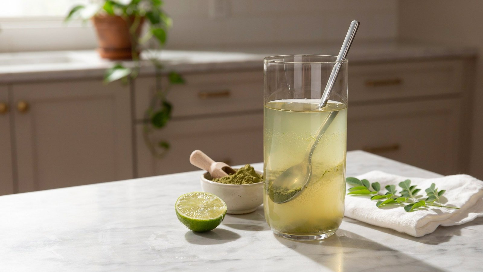 moringa powder mixed into water in a glass showing a simple drink preparation.