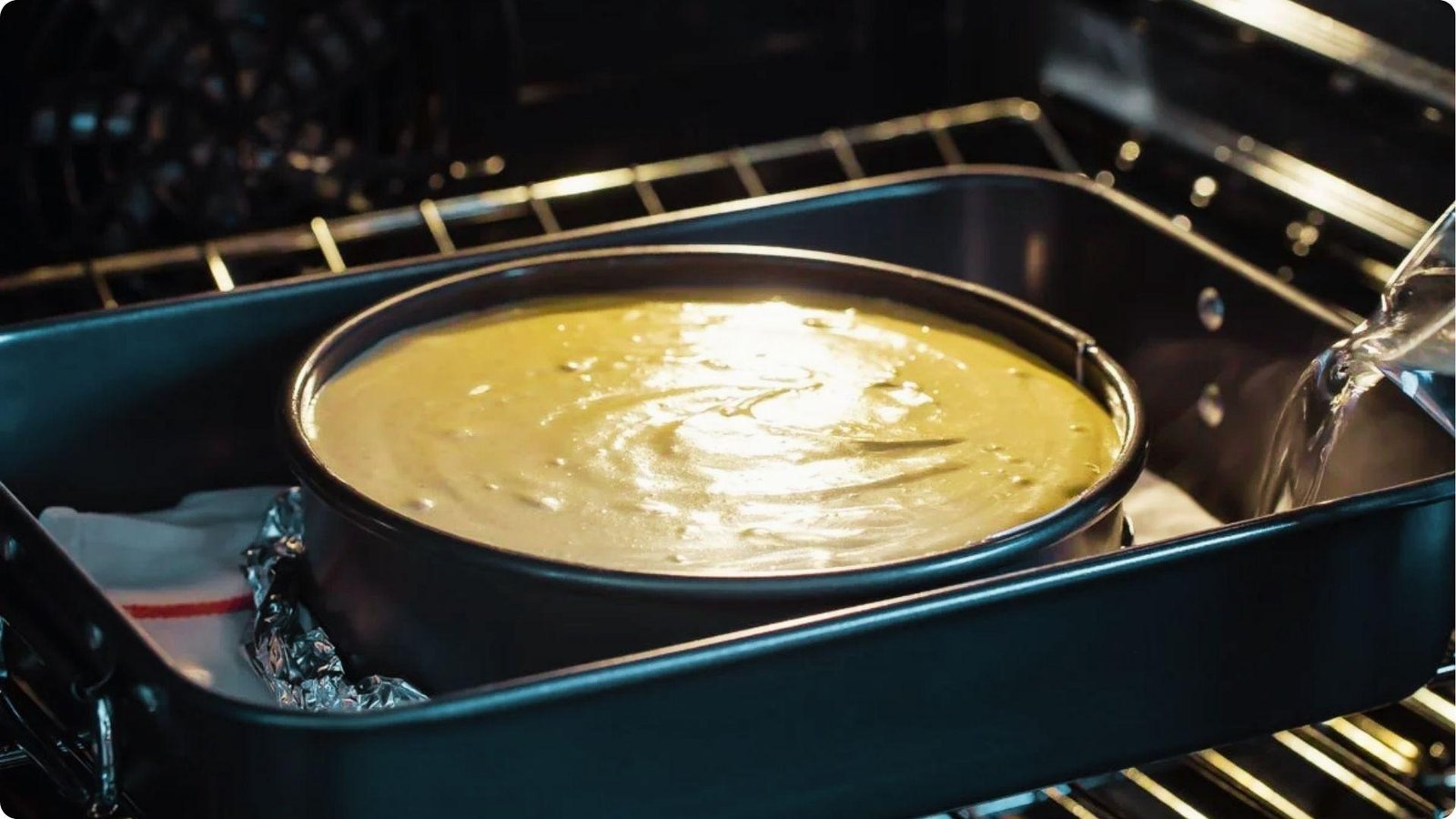 A 6-inch springform pan filled with smooth cheesecake batter bakes in a larger roasting pan.