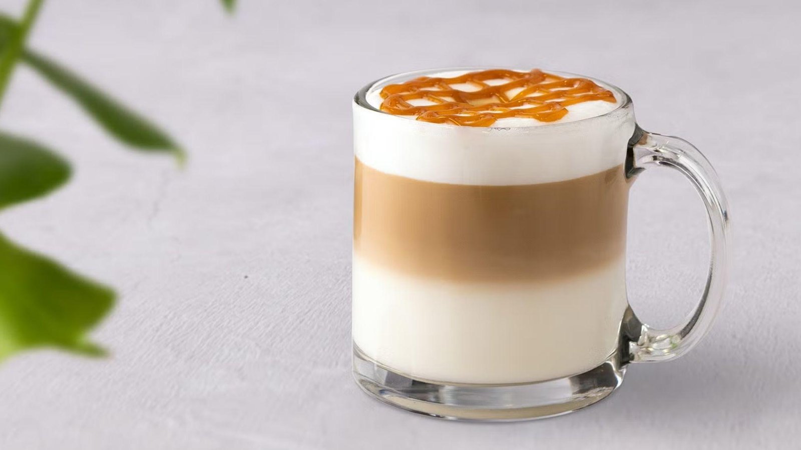 A glass mug of layered caramel macchiato with a crosshatch caramel drizzle on top, with a blurred green leaf nearby.