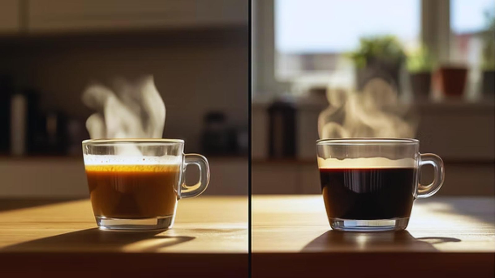 Split-screen shows steaming espresso with light crema left and darker Americano with thin foam right in matching glass cups.