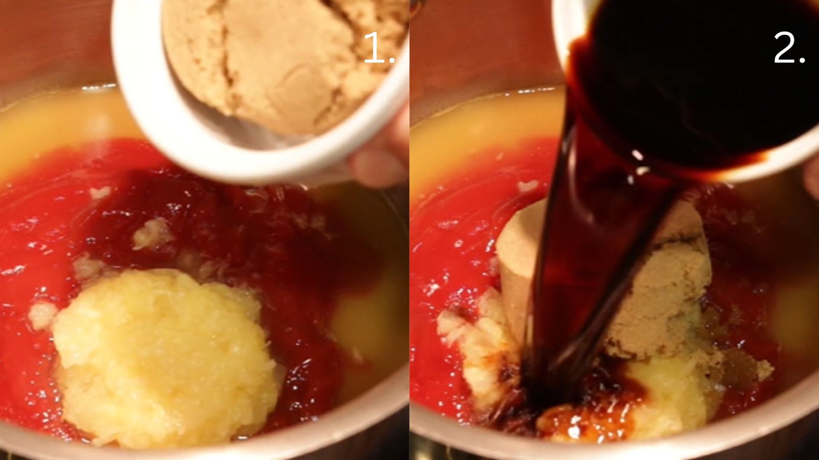 Brown sugar and soy sauce being added to the pan to create a sweet and savory Hawaiian BBQ sauce base.