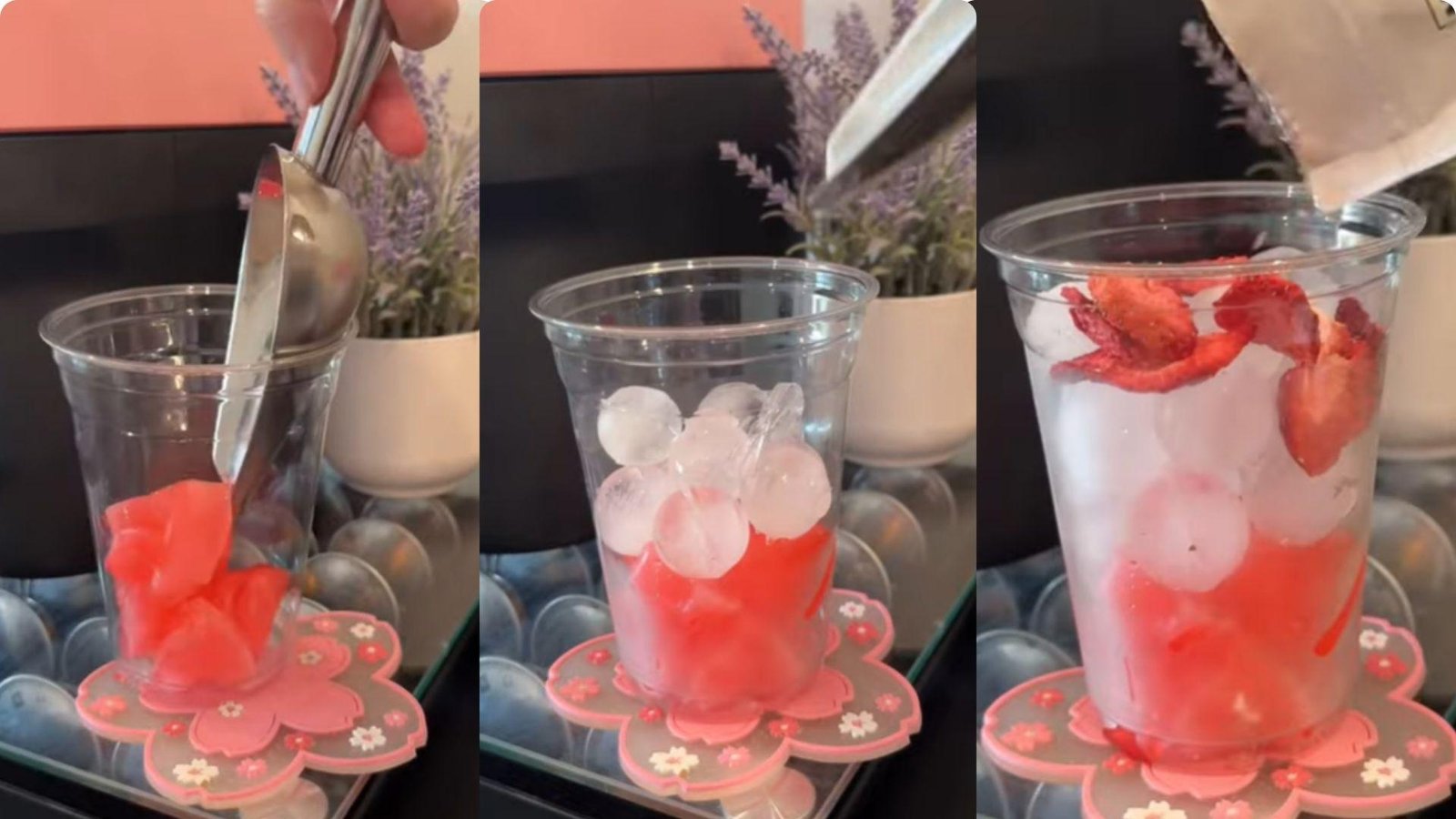 Three-step preparation of a strawberry drink showing strawberry compote, round ice balls, and dried strawberry slices being added.