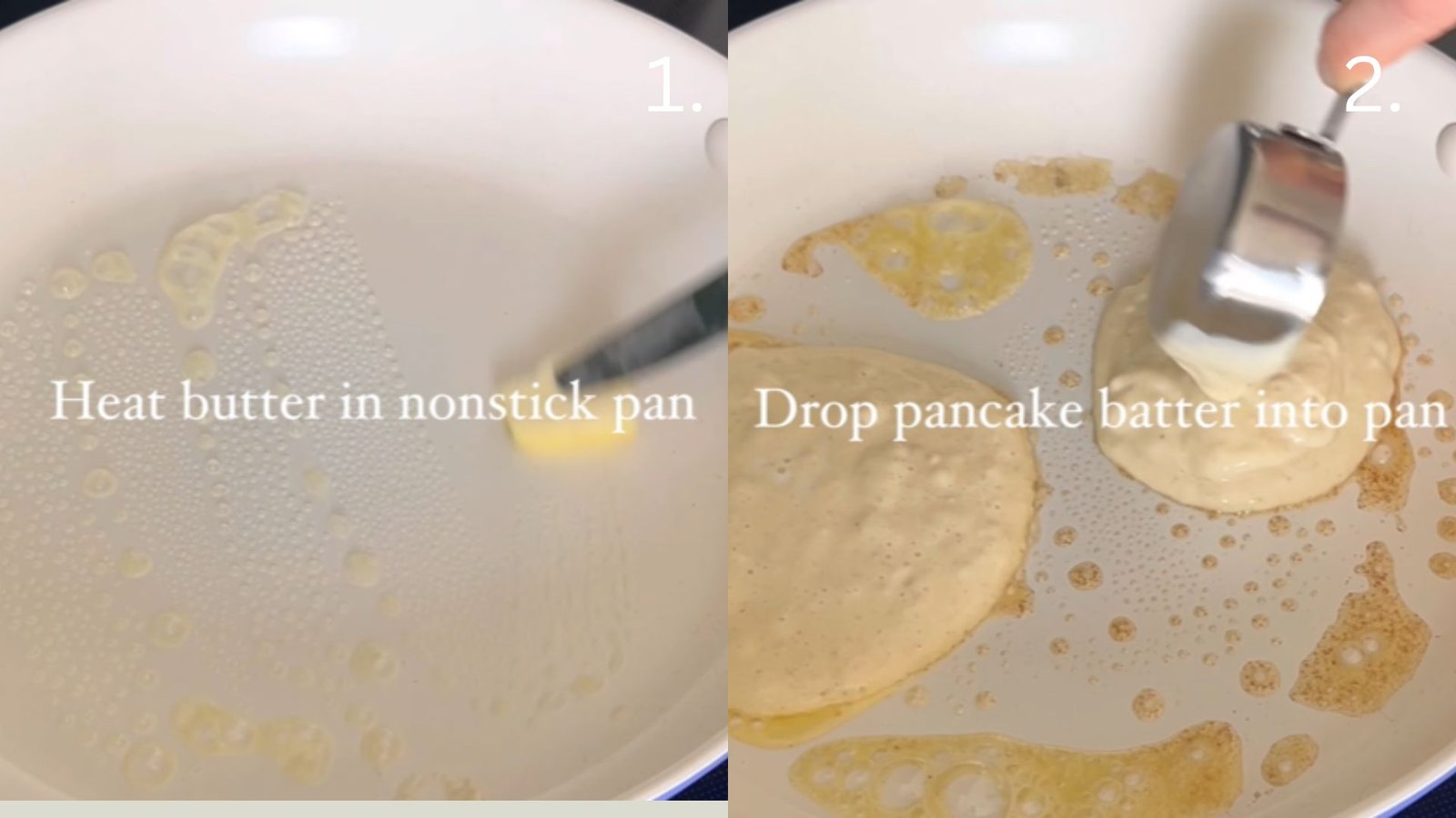 Two-step process showing butter melting in a nonstick pan, then thick yogurt pancake batter being poured using a measuring cup.