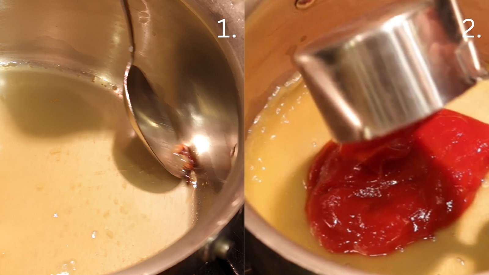 Ketchup being added to the saucepan after removing cloves, forming the rich base of Hawaiian BBQ sauce.