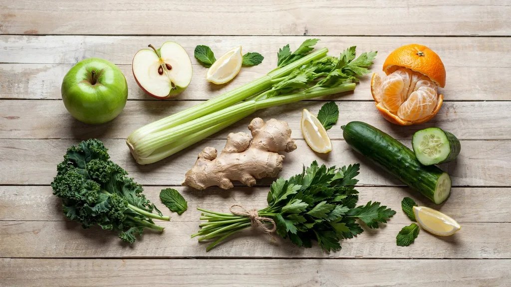 Fresh green juice ingredients including apple celery cucumber kale orange ginger and parsley arranged neatly on a wooden surface in natural light.