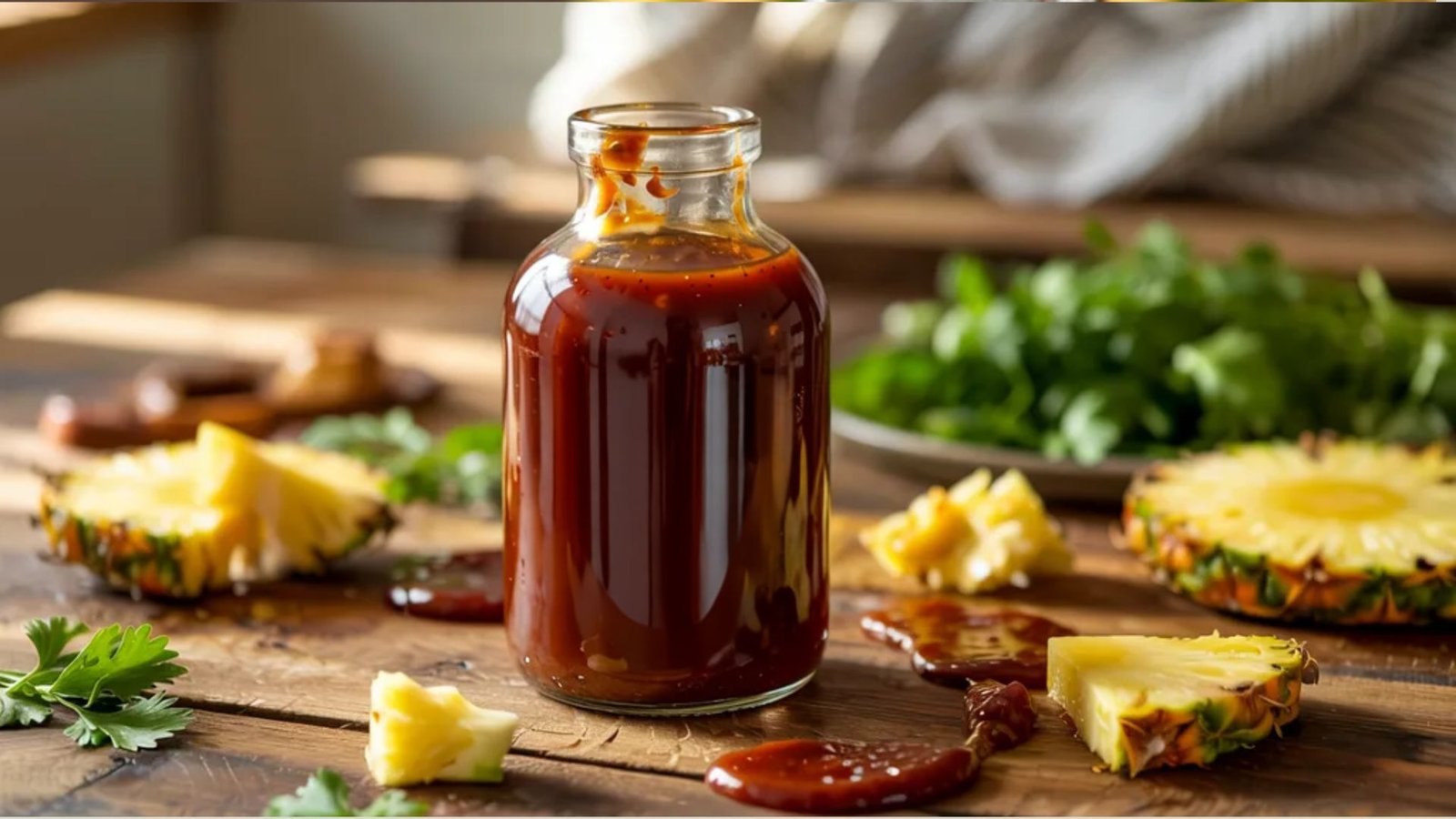 Hawaiian BBQ sauce simmering in pan with pineapple, soy, and spices, glossy homemade texture.