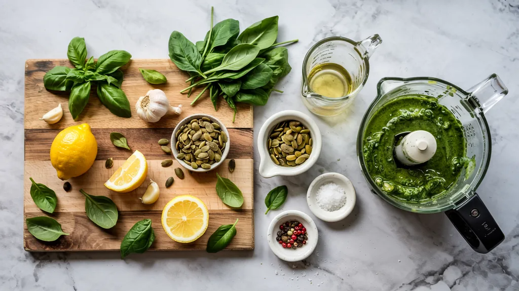 Pumpkin seed pesto ingredients arranged with basil, spinach, lemon, garlic, seeds, oil and seasonings.