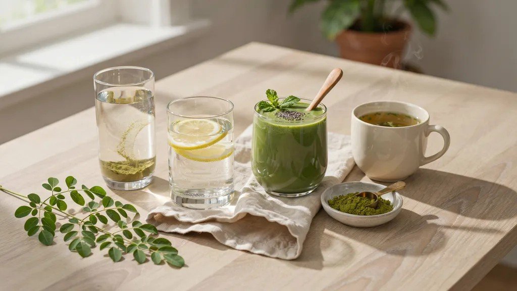 moringa powder liquid options including water lemon water smoothie and herbal tea.