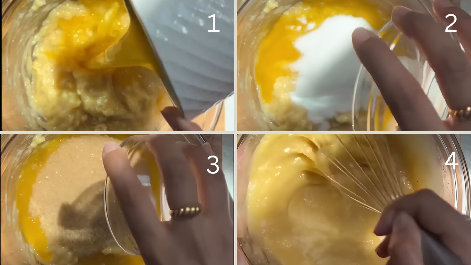 Melted butter mixed with brown sugar and granulated sugar being combined with mashed bananas to create a rich sweet base.
