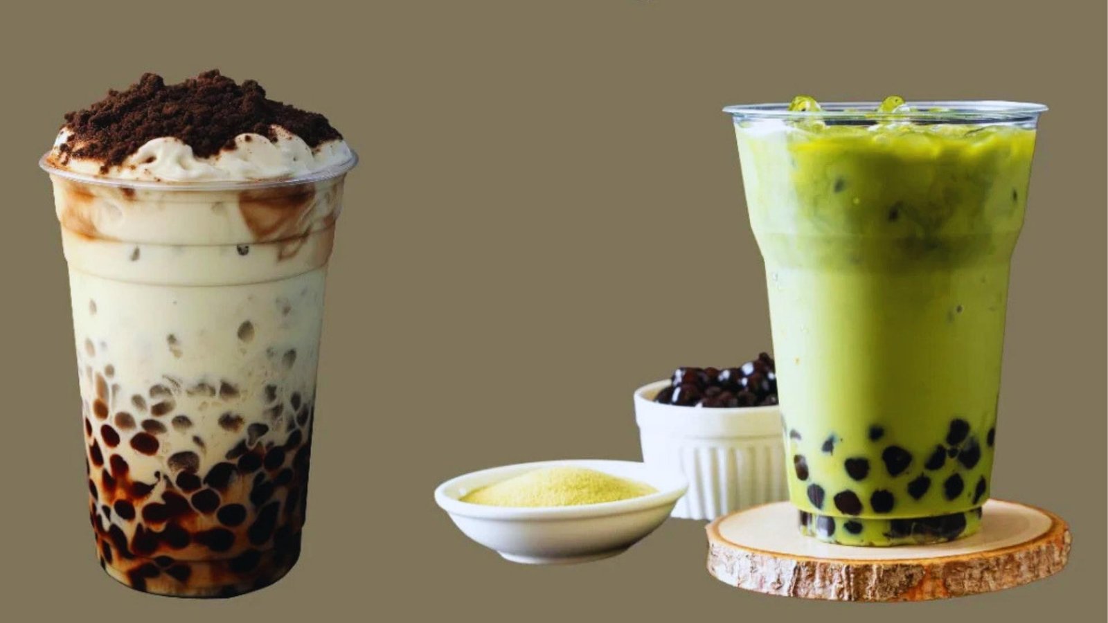 Brown boba milk tea topped with whipped cream and chocolate crumbles sits beside vibrant matcha bubble tea with pearls.