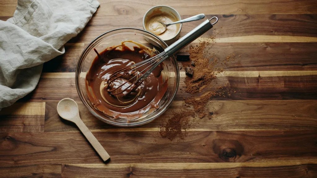 Melted chocolate being whisked together in a glass bowl with cocoa powder scattered on a wood surface.