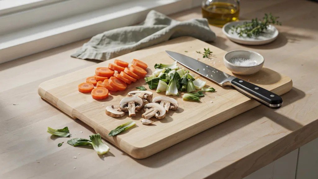 sliced carrots bok choy and mushrooms prepared evenly for cooking miso soup.