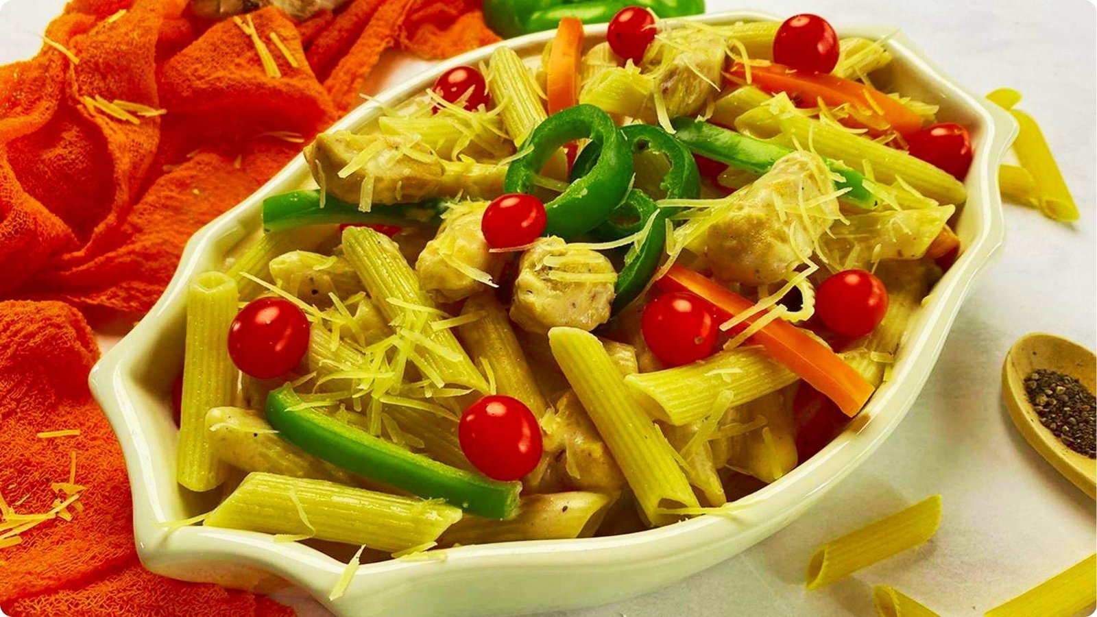 Creamy rattlesnake pasta with penne, grilled chicken, green and orange bell peppers, and cherry tomatoes in a white scalloped bowl.