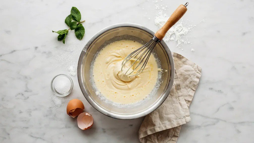 Creamy batter being whisked in a steel mixing bowl on a marble counter with an egg shell, salt, and fresh mint nearby.