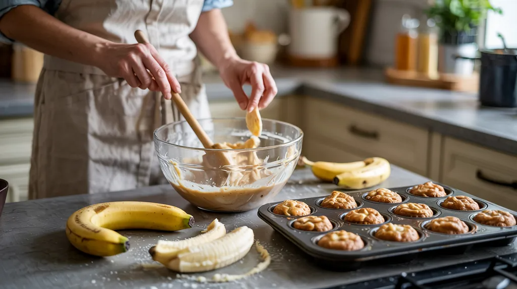 Banana muffins batter with ripe bananas and tray in a cozy kitchen baking scene.