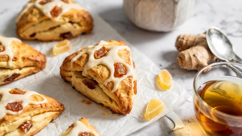 Candied ginger scones with chewy ginger pieces and tea on marble surface.