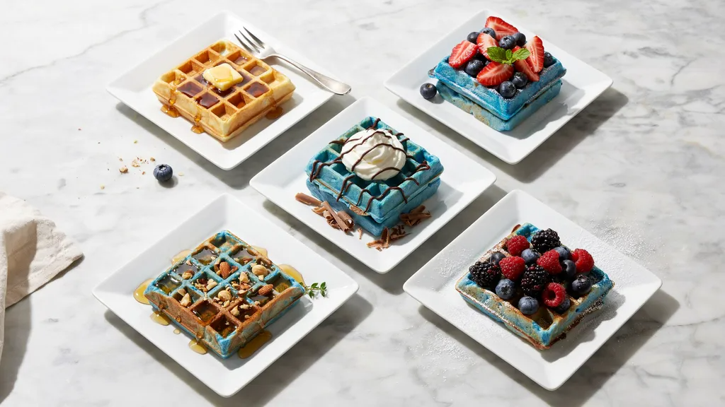 Collage of blue waffles with different toppings including fruit, syrup, cream, chocolate and nuts.