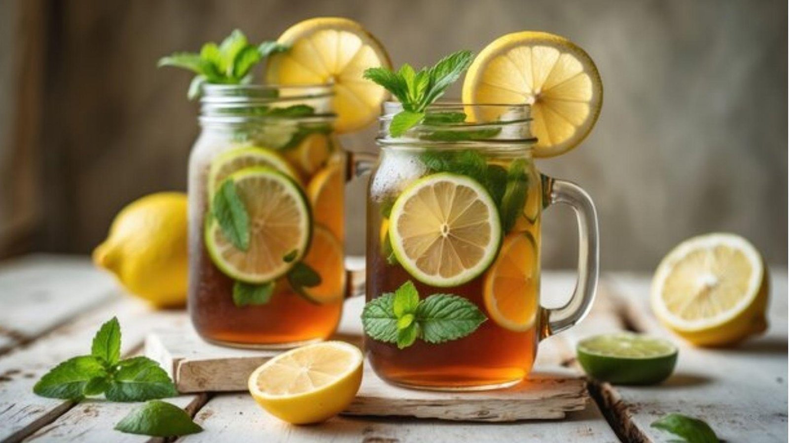 Two mason jar mugs of iced tea with lemon slices, lime rounds, and fresh mint leaves on a rustic wooden surface.