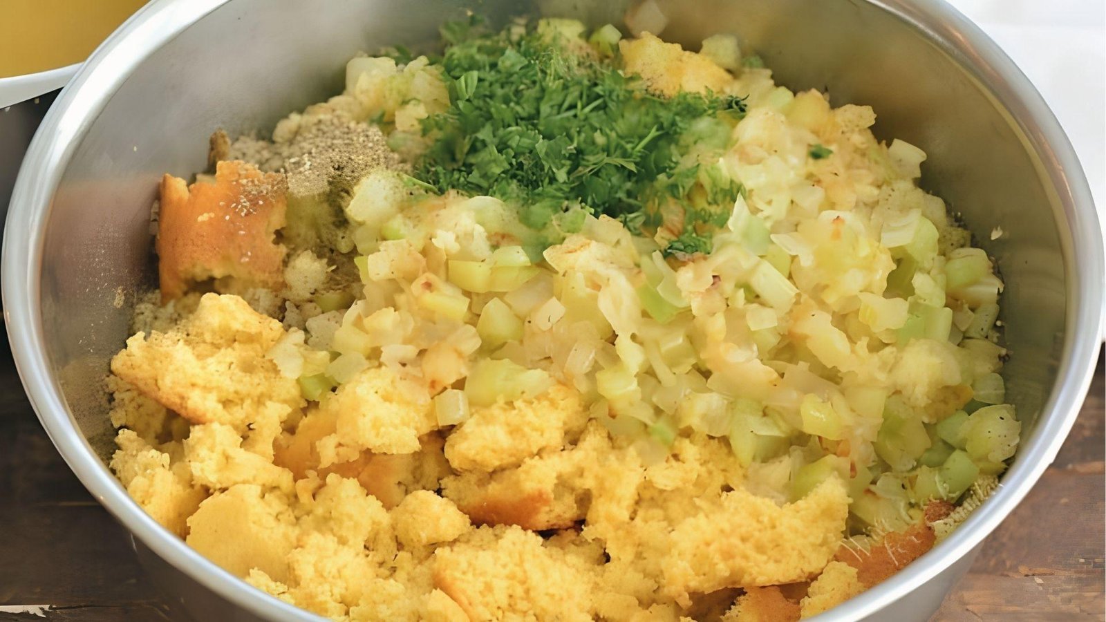 Mixing bowl of crumbled cornbread, sautéed onions, celery, and fresh herbs for dressing prep