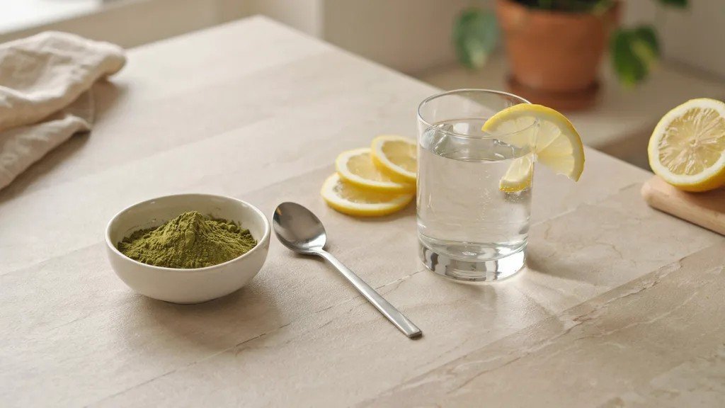moringa powder with water and lemon prepared for making a healthy drink.