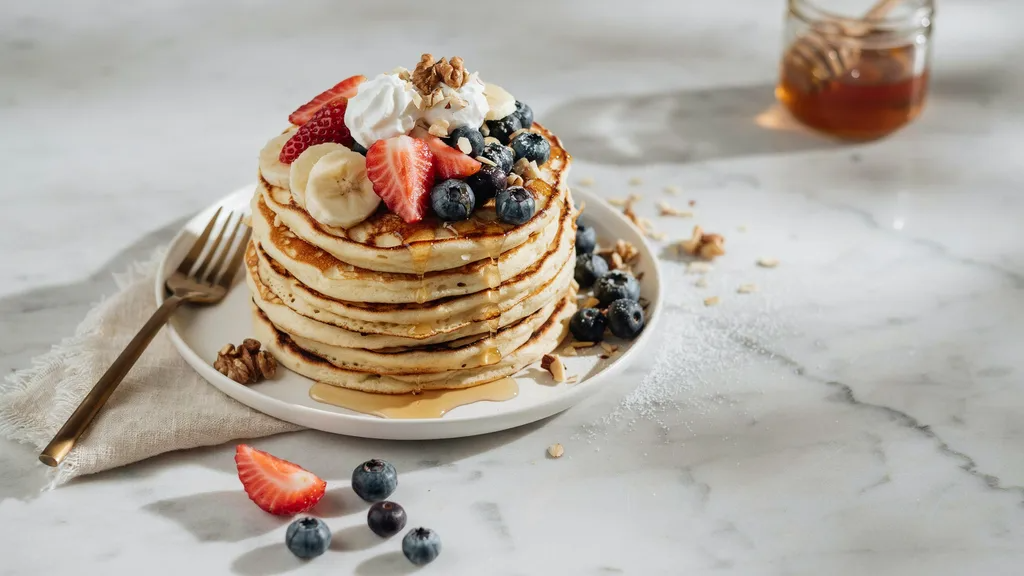 Greek yogurt pancakes topped with fruit, honey, syrup, cream and nuts in bright breakfast setting.