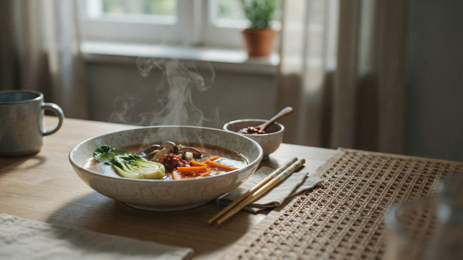 vegetable miso soup with chili flakes or gochujang showing a spicy variation.