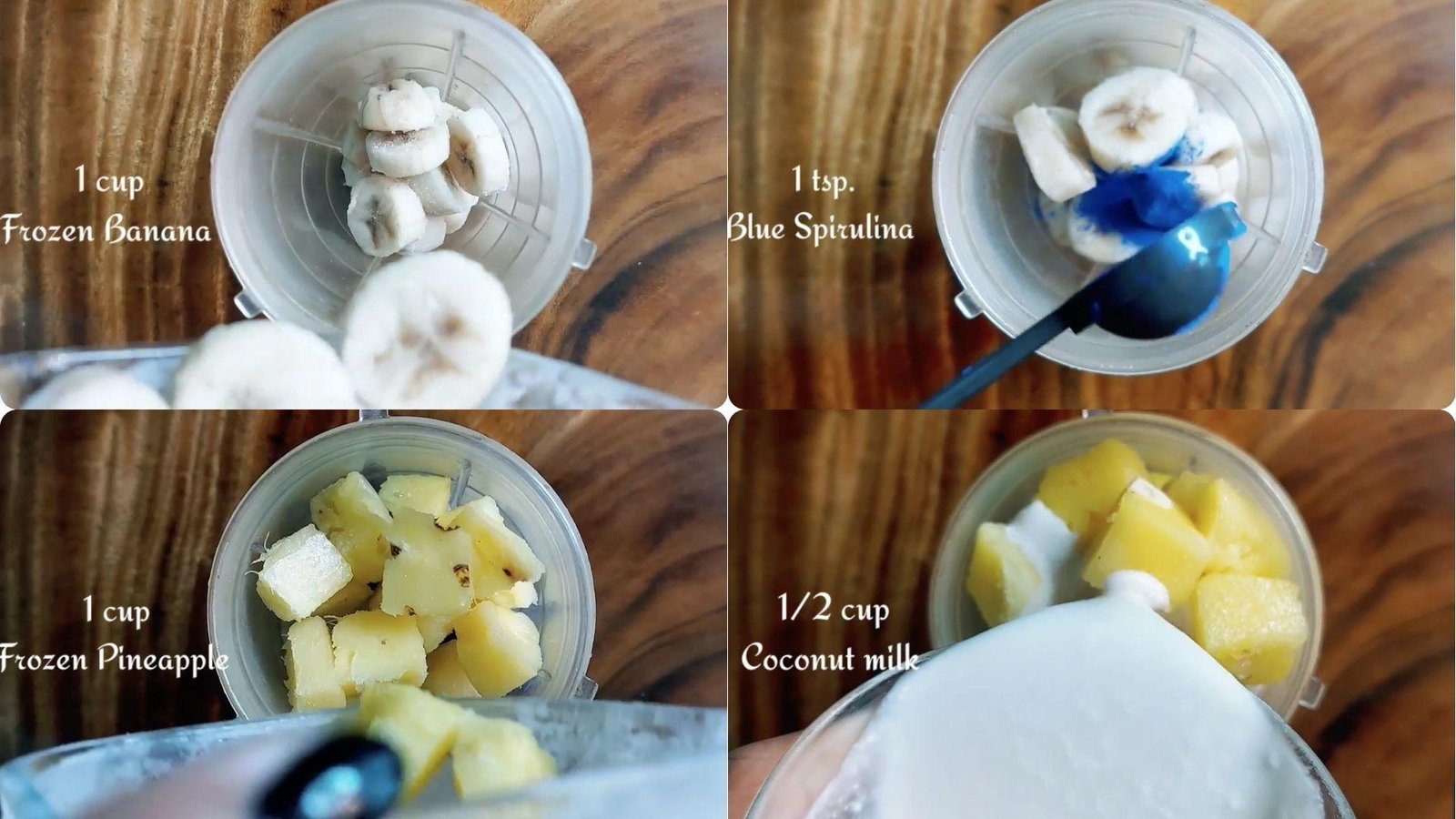 Four-panel collage showing blue spirulina smoothie bowl ingredients being added to a blender: frozen banana, blue spirulina powder, frozen pineapple, and coconut milk.