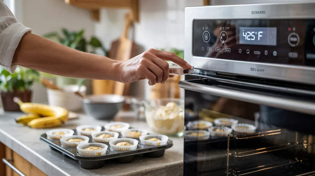 Oven being preheated to 425°F (220°C) before starting banana muffin preparation for even baking and a domed rise.