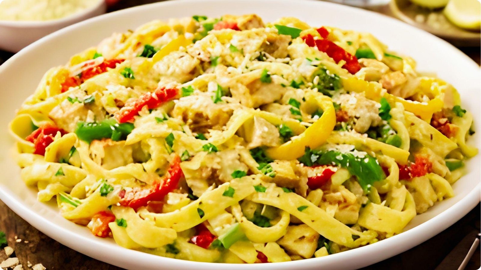 Rattlesnake pasta with wide fettuccine noodles, diced chicken, red, yellow, and green bell peppers in a cream sauce.