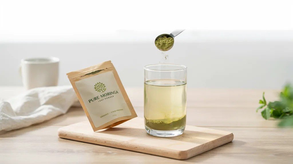 half teaspoon of moringa powder measured for correct beginner dosage.