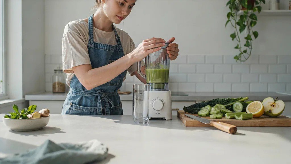 Beginner preparing green juice with simple ingredients using a blender in the home kitchen with chopped fruits and vegetables on the counter.