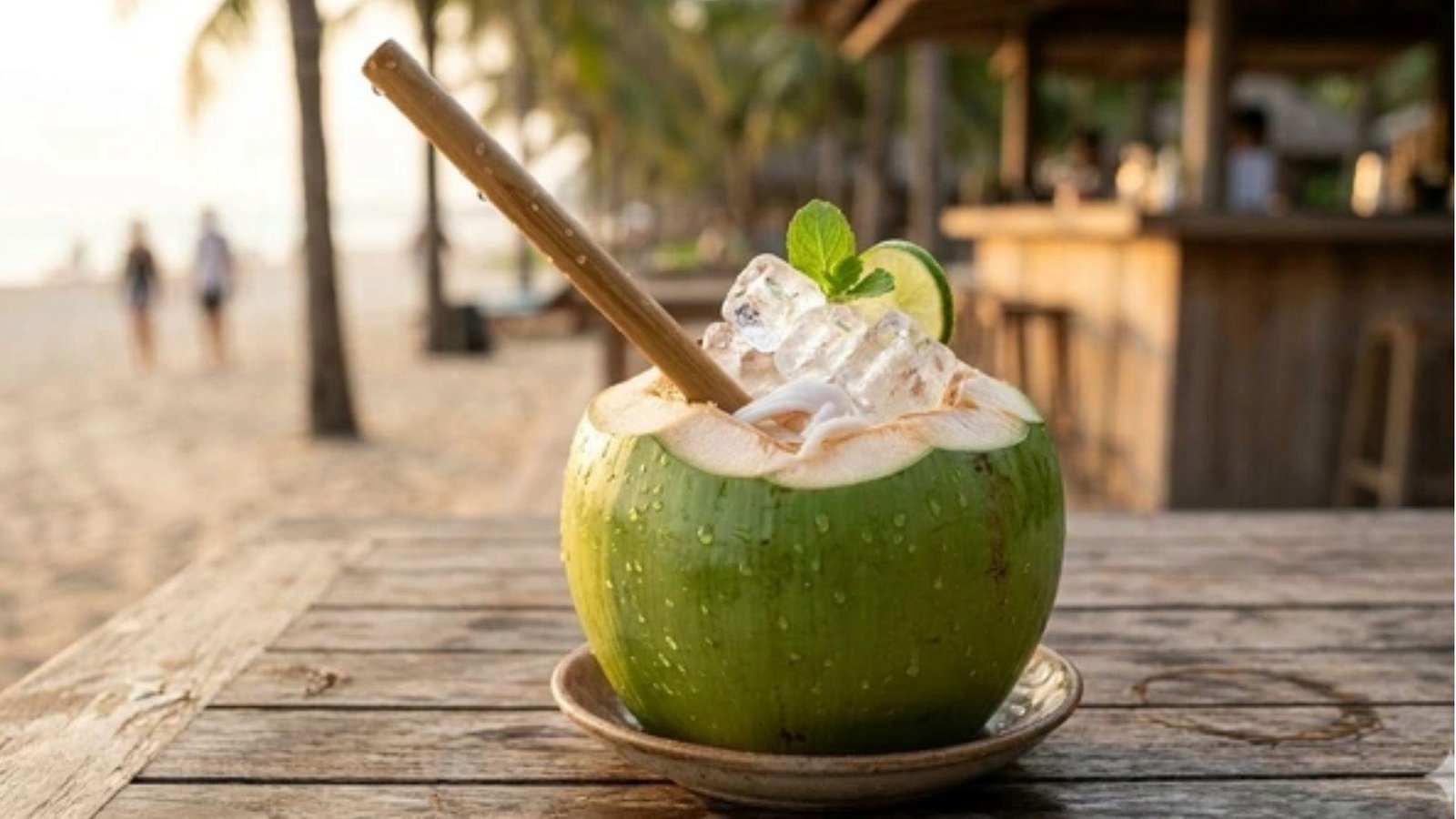 A fresh green coconut with a bamboo straw, lime slice, and mint garnish served on a wooden table at a beach bar.