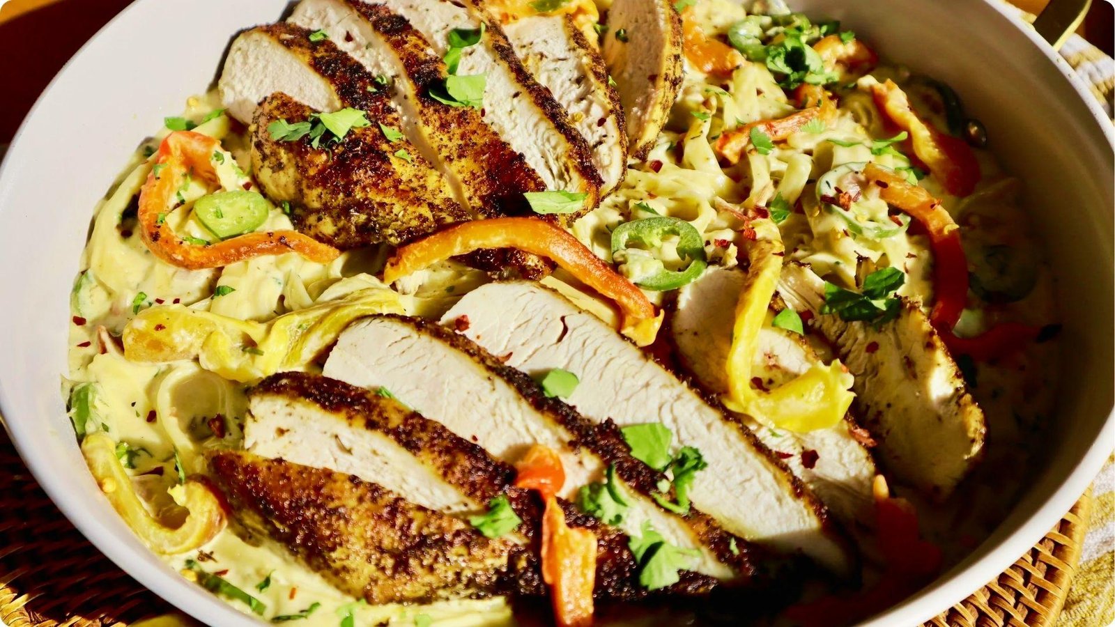 Cajun-spiced rattlesnake pasta with fettuccine topped with thick slices of blackened chicken breast.