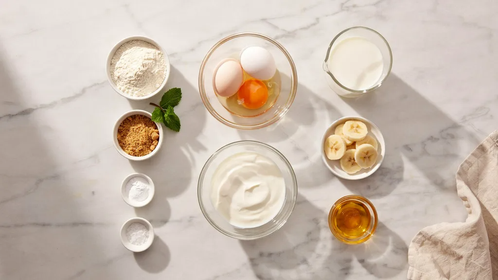 Greek banana yogurt pancake ingredients arranged in bowls including flour, yogurt, eggs, banana, milk and spices.