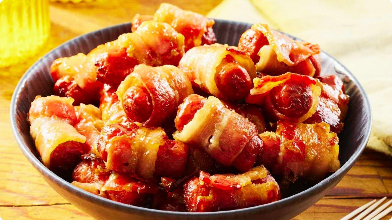 A bowl filled with bacon-wrapped cocktail sausages baked in a sticky sweet and savory glaze.