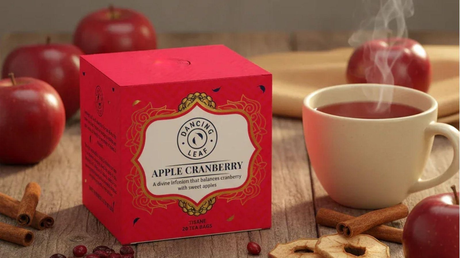 A red box of Dancing Leaf Apple Cranberry tisane tea beside a steaming cup surrounded by apples and cinnamon sticks.