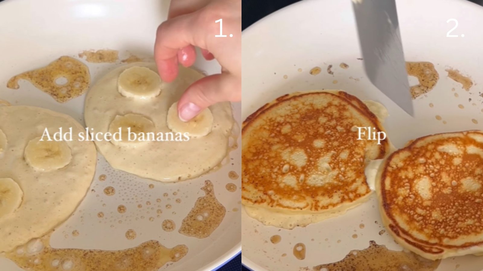 Split image showing banana slices added to raw yogurt pancake batter in pan, then flipping golden brown pancakes with spatula.