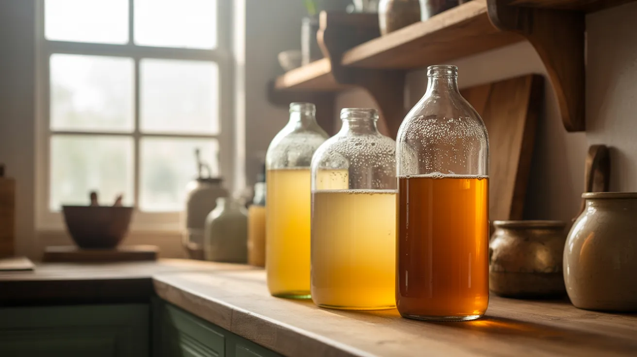 kombucha bottles fermenting at room temperature to build natural carbonation and fizz.