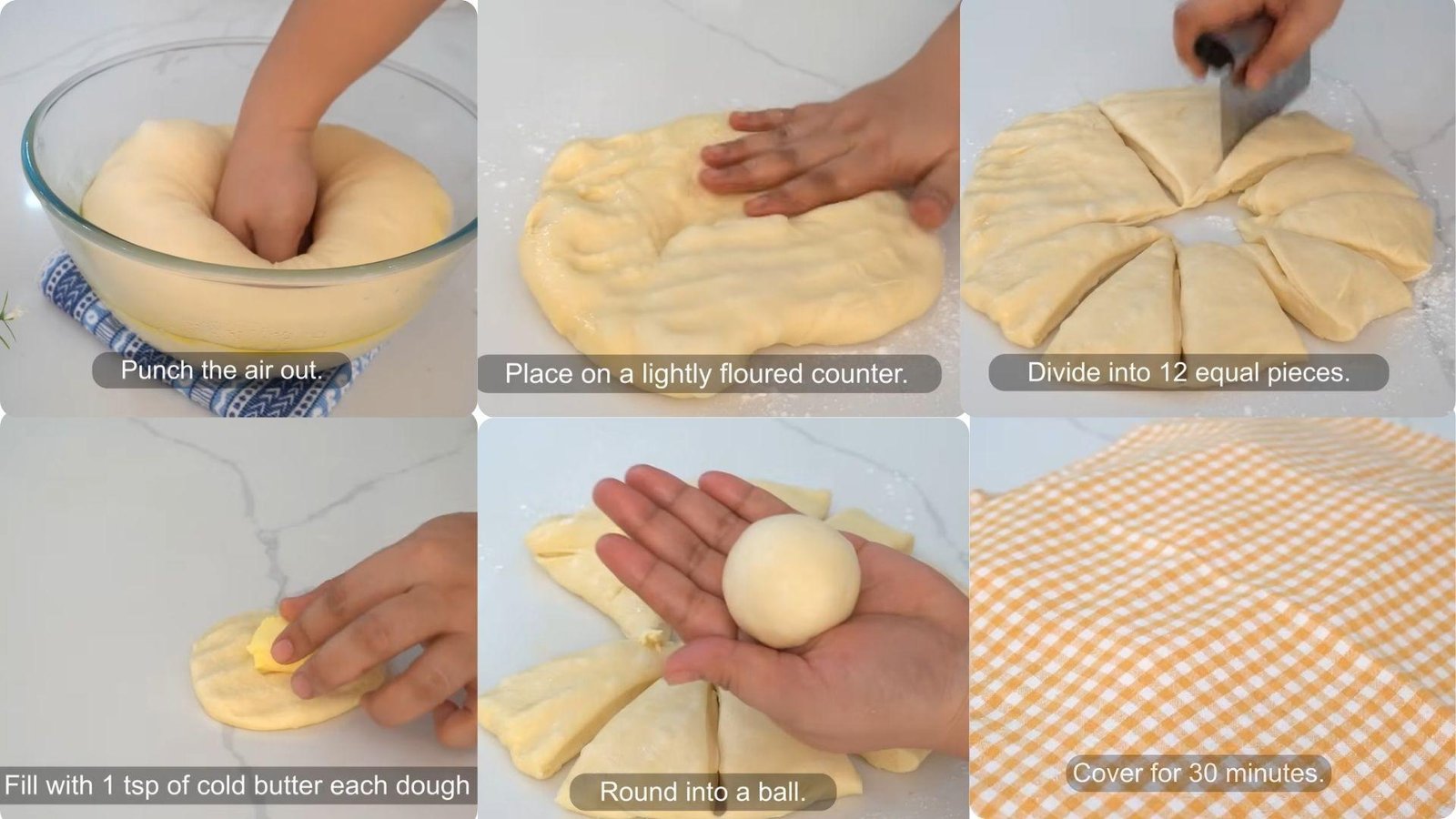 Six-panel collage showing punching dough, placing on floured counter, dividing into pieces, filling with butter, shaping into balls, and covering to proof.